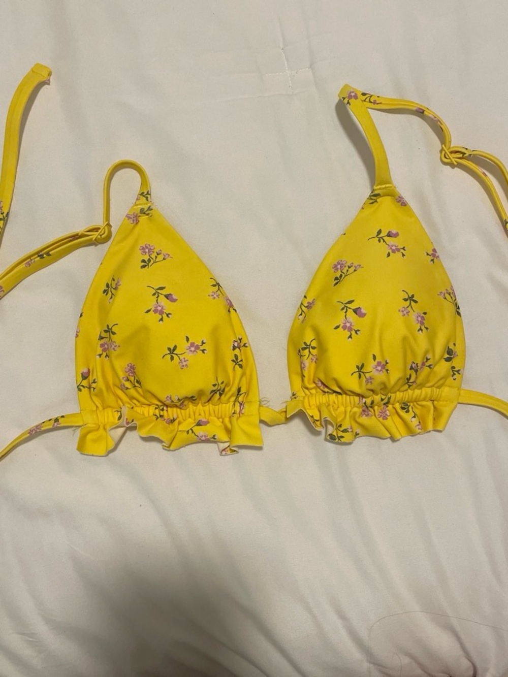 aerie Yellow Floral Ruffle Triangle Bikini Top small
